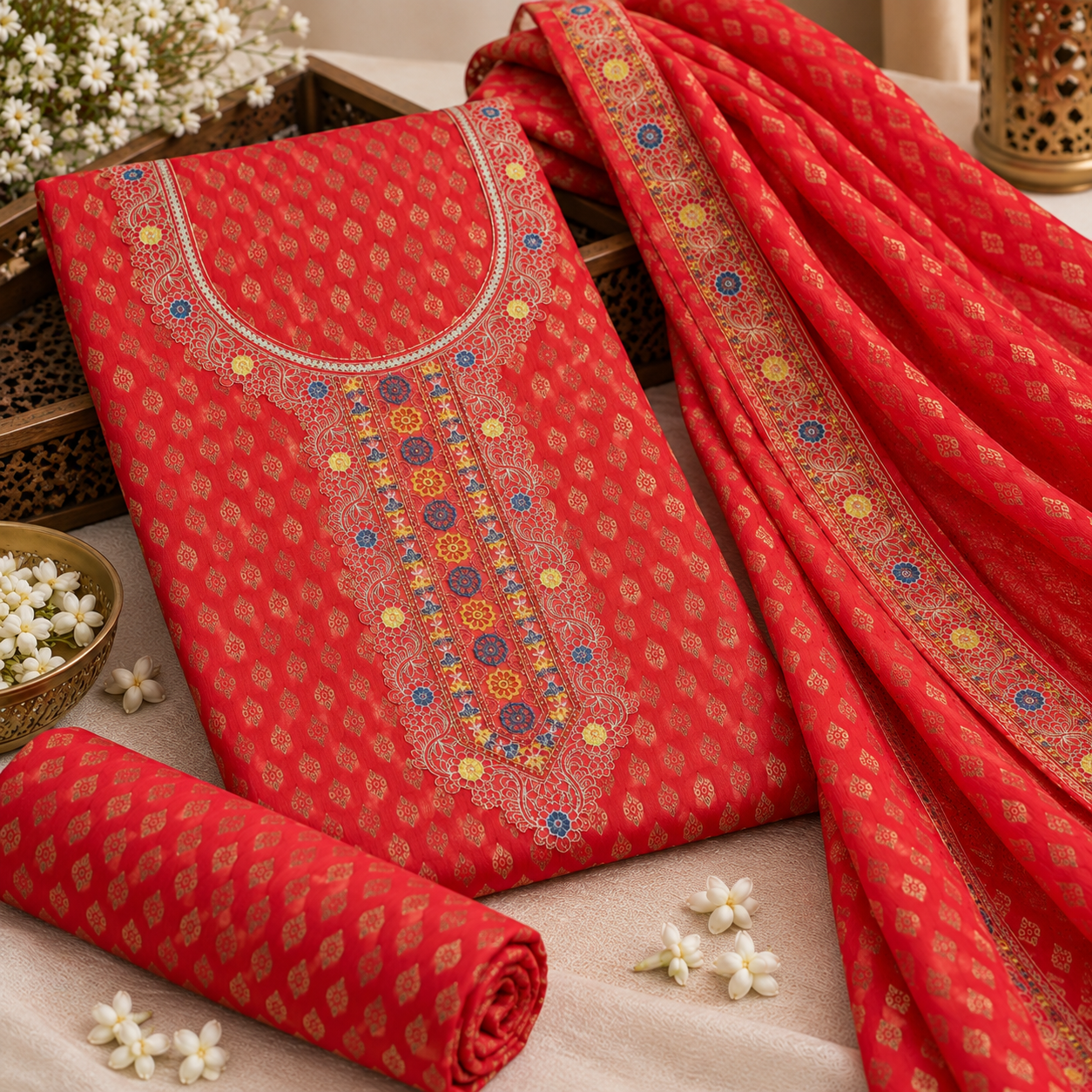 Red Embroidered Unstitched Suit Set