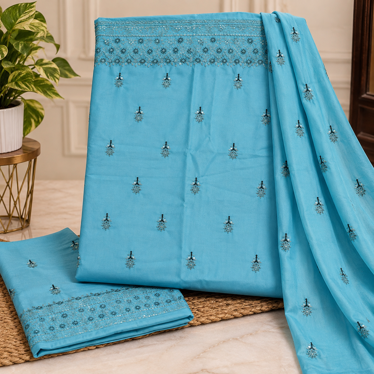 Sky Blue Embroidered Unstitched Suit