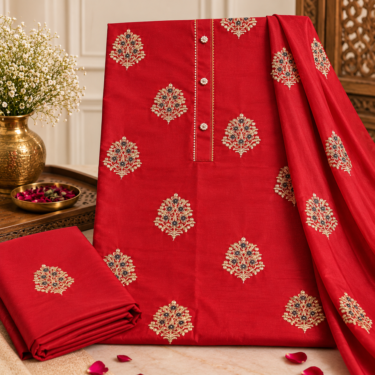 Red Designer Embroidered Unstitched Suit