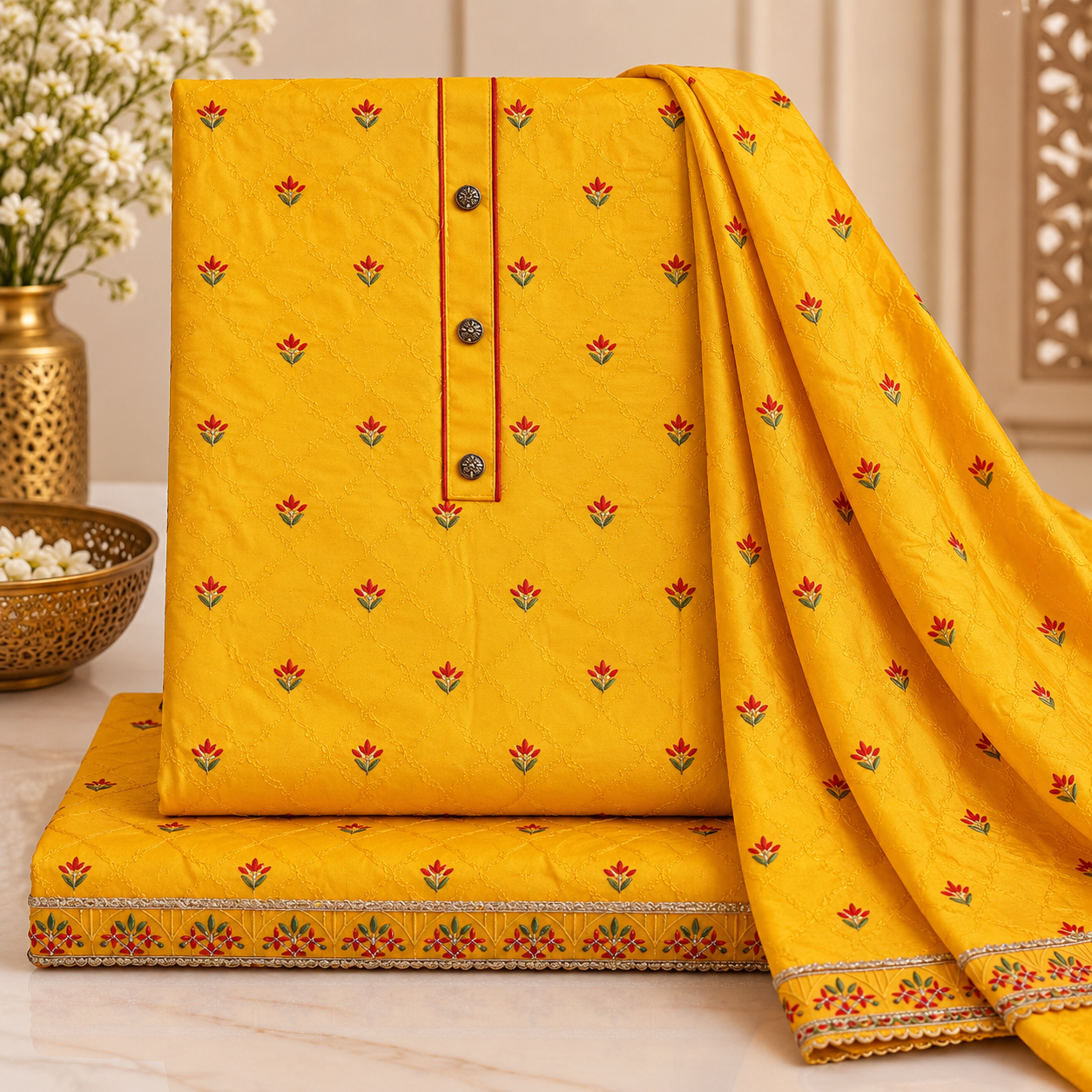 Mustard Yellow Embroidered Unstitched Suit