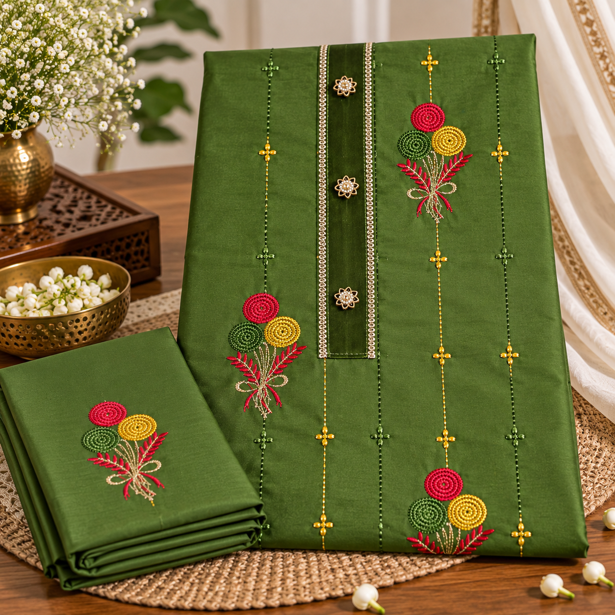 Olive Green Embroidered Unstitched Suit