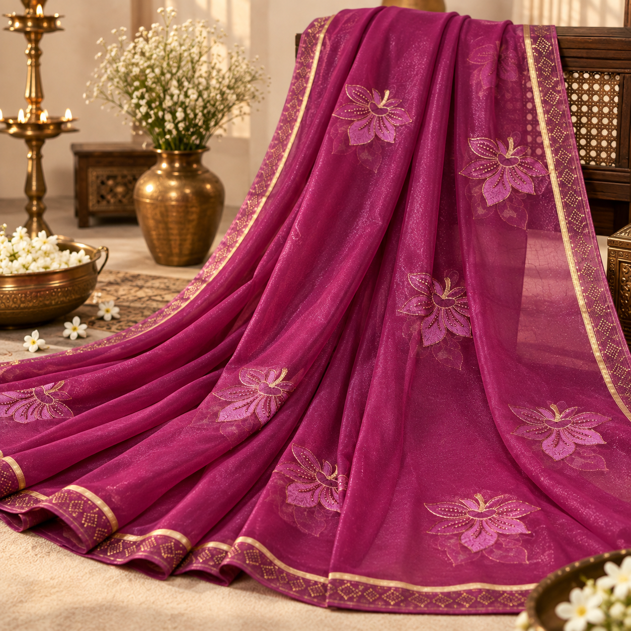 Magenta Floral Embroidered Saree